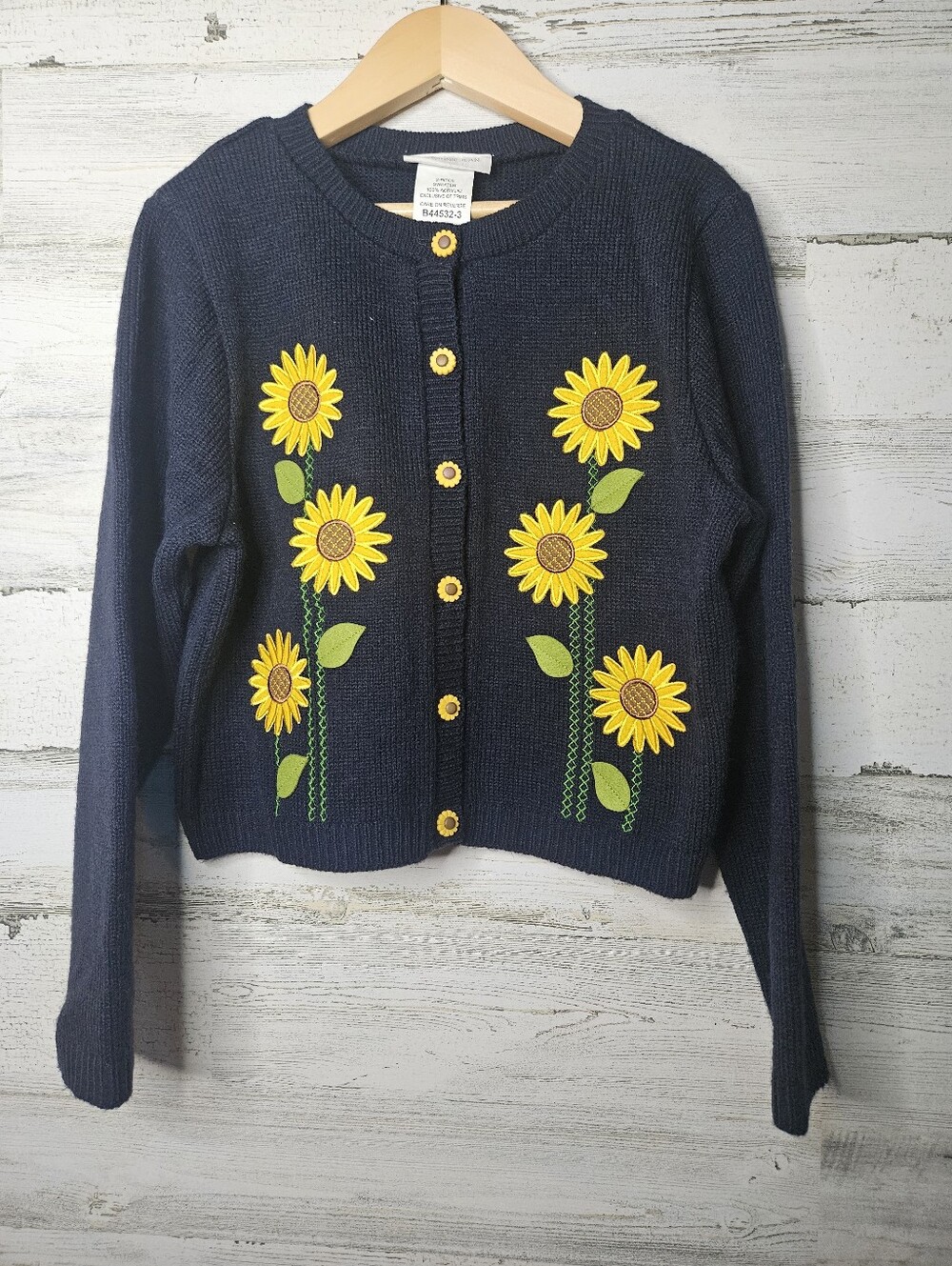 Vintage Girls Sunflower Embroidered Sweater Size 10 Navy Cardigan Cottagecore